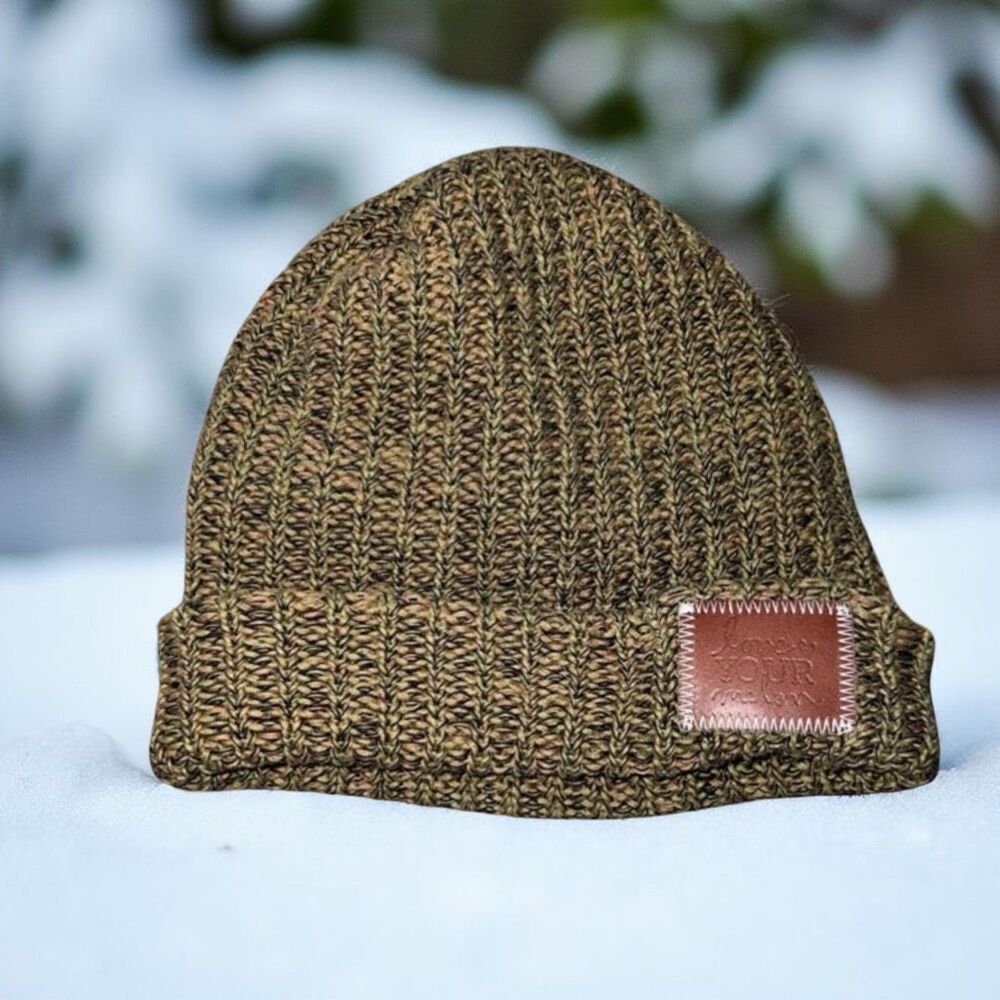 Love Your Melon Roll Cuff Knit Logo Winter Beanie  Golds/Browns/Black